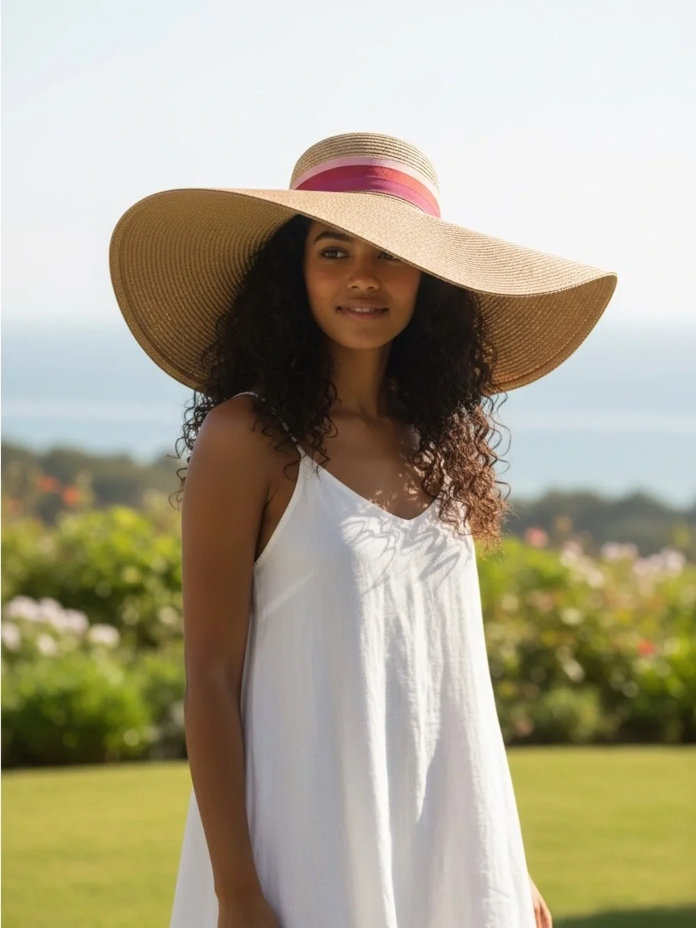 Trina Turk Oversized Straw Floppy Hat with Pink Band